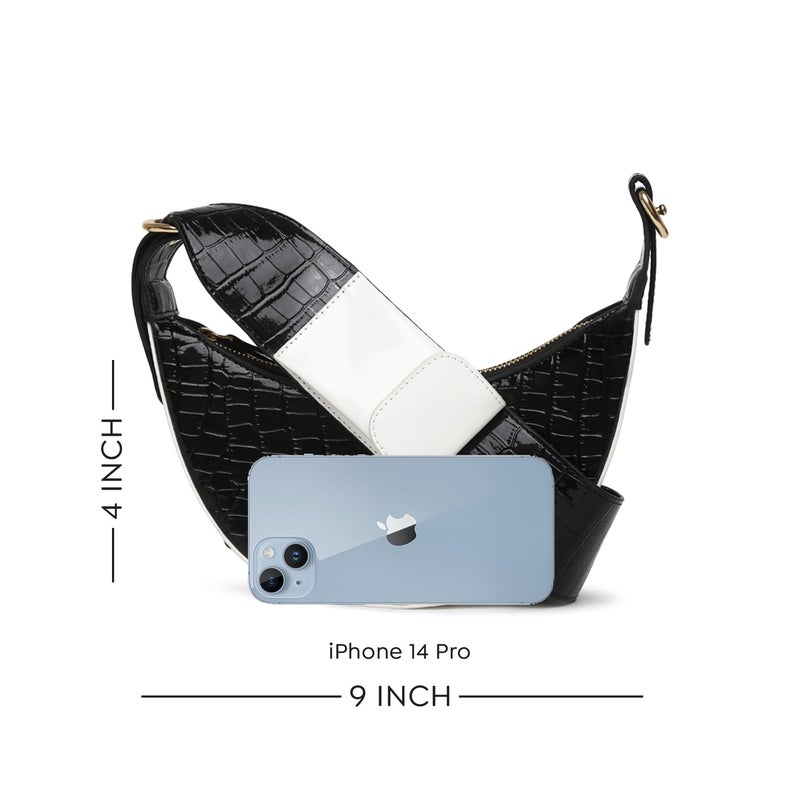 KLEIO Half Moon Croco Textured Sling Cross Body Bag with Pocket in Handle - Black - Image 5